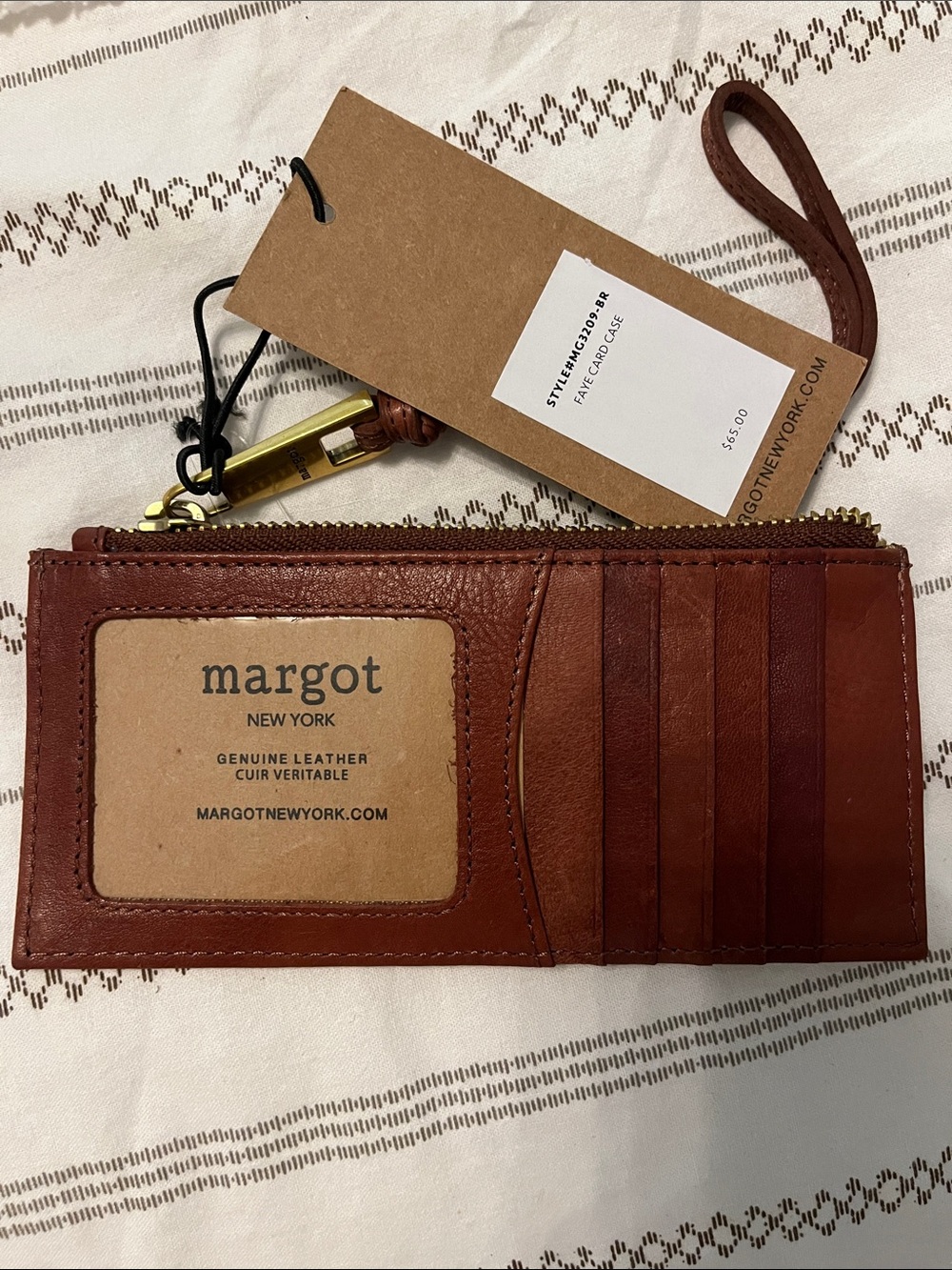 margot Leather Wristlet Card Holder in Rich Brown with Gold Hardware